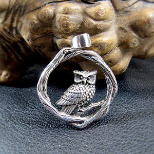 Solid 925 Sterling Silver Owl on Twisted Branches Pendant - Pagan/Wiccan Jewelry